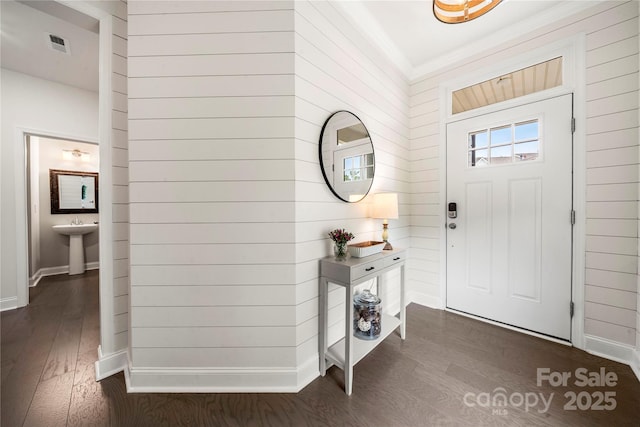 1240 Pebble Grove Dr, Clover, SC 29710 - entryway with dark wood-style floors and wood walls