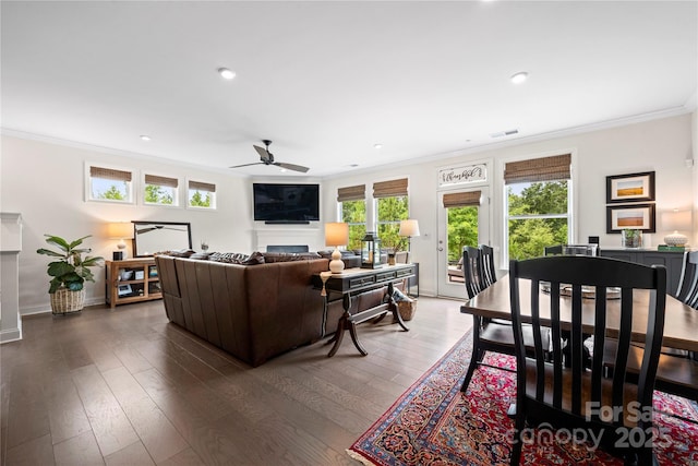 1240 Pebble Grove Dr, Clover, SC 29710 - living area with ornamental molding, a fireplace, a ceiling fan, dark wood finished floors, and recessed lighting