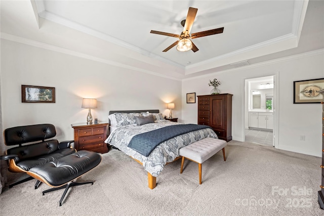 1240 Pebble Grove Dr, Clover, SC 29710 - bedroom with a raised ceiling, light carpet, crown molding, ceiling fan, and ensuite bath