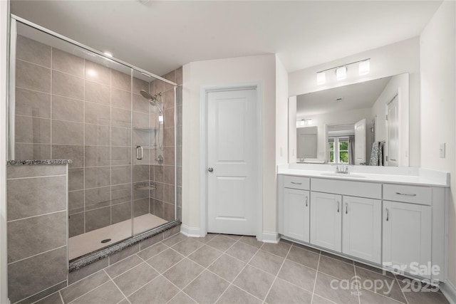 1240 Pebble Grove Dr, Clover, SC 29710 - bathroom featuring a shower stall, vanity, and tile patterned flooring