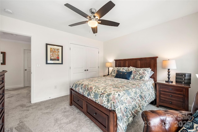 1240 Pebble Grove Dr, Clover, SC 29710 - bedroom featuring light carpet, a closet, and ceiling fan