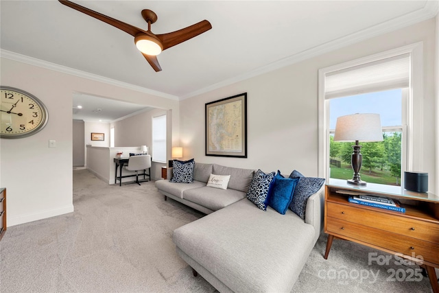 1240 Pebble Grove Dr, Clover, SC 29710 - living area with carpet, crown molding, and ceiling fan
