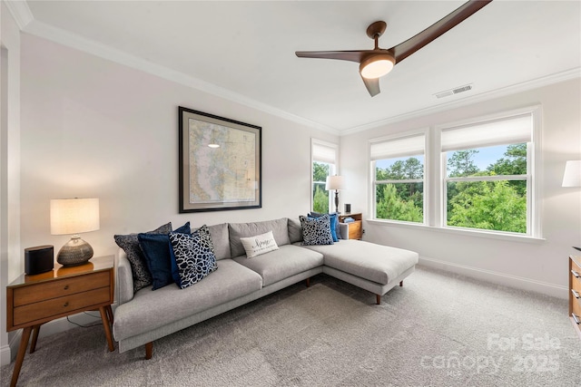 1240 Pebble Grove Dr, Clover, SC 29710 - living room featuring crown molding, healthy amount of natural light, carpet floors, and a ceiling fan