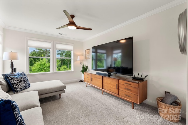 1240 Pebble Grove Dr, Clover, SC 29710 - living room featuring light carpet, crown molding, and ceiling fan