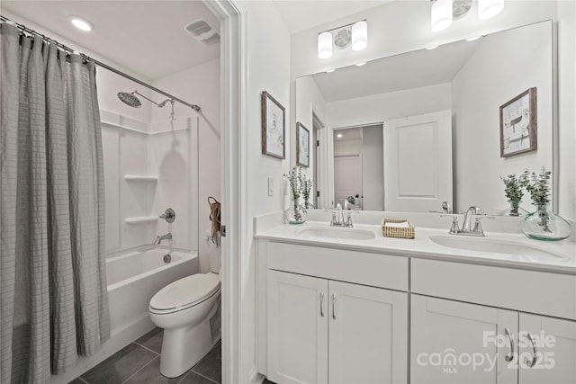 1240 Pebble Grove Dr, Clover, SC 29710 - full bath featuring double vanity, tile patterned flooring, and shower / bathtub combination with curtain