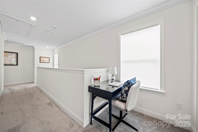 1240 Pebble Grove Dr, Clover, SC 29710 - carpeted home office with attic access, ornamental molding, and recessed lighting