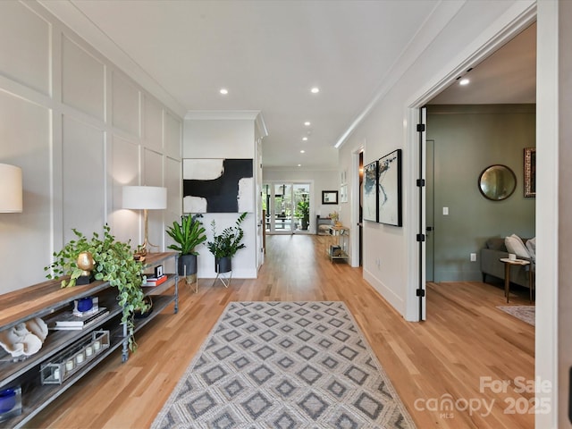 615 Melbourne Ct, Charlotte, NC 28209 - hallway with crown molding, light wood-type flooring, and recessed lighting