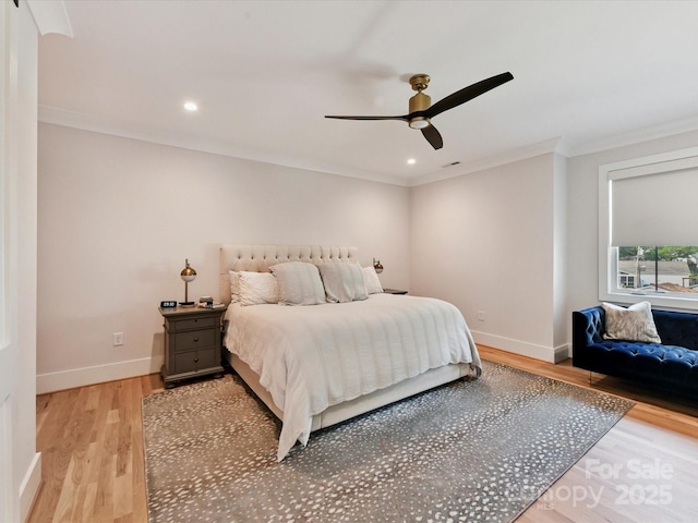 615 Melbourne Ct, Charlotte, NC 28209 - bedroom featuring crown molding, light wood-type flooring, recessed lighting, and a ceiling fan