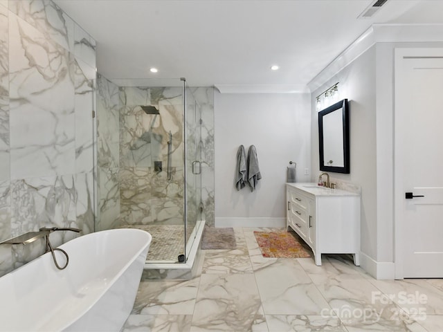 615 Melbourne Ct, Charlotte, NC 28209 - full bathroom featuring marble finish flooring, a marble finish shower, recessed lighting, vanity, and a freestanding tub