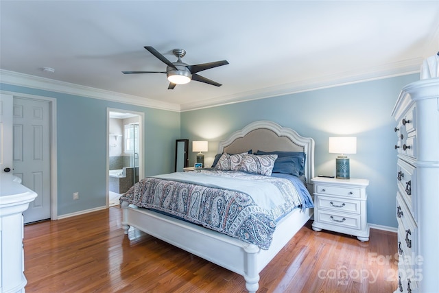 1220 Merribrook Dr, Matthews, NC 28105 - bedroom featuring wood finished floors, ornamental molding, ceiling fan, and connected bathroom