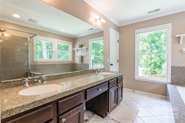 1220 Merribrook Dr, Matthews, NC 28105 - full bath featuring double vanity, a stall shower, crown molding, and tile patterned floors