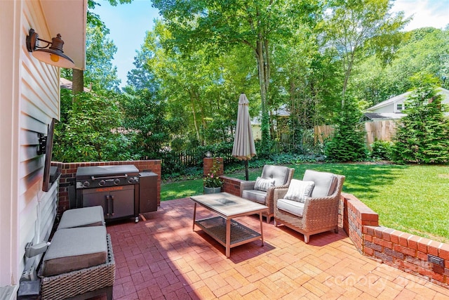 1220 Merribrook Dr, Matthews, NC 28105 - fenced backyard with a patio area, grilling area, and an outdoor living space