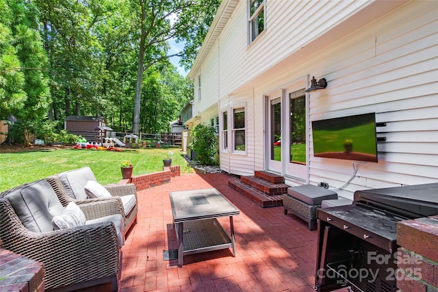 1220 Merribrook Dr, Matthews, NC 28105 - view of patio / terrace featuring entry steps, an outdoor living space, and a shed