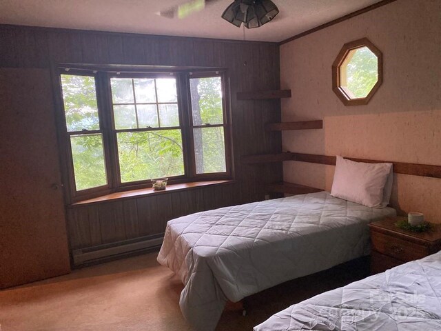268 Poor Boy Ln, Whittier, NC 28789 - bedroom featuring baseboard heating, carpet, and wood walls