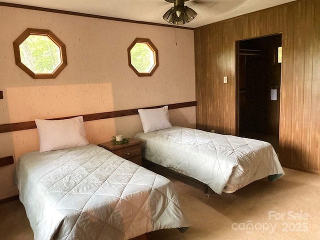 268 Poor Boy Ln, Whittier, NC 28789 - carpeted bedroom featuring wooden walls and crown molding