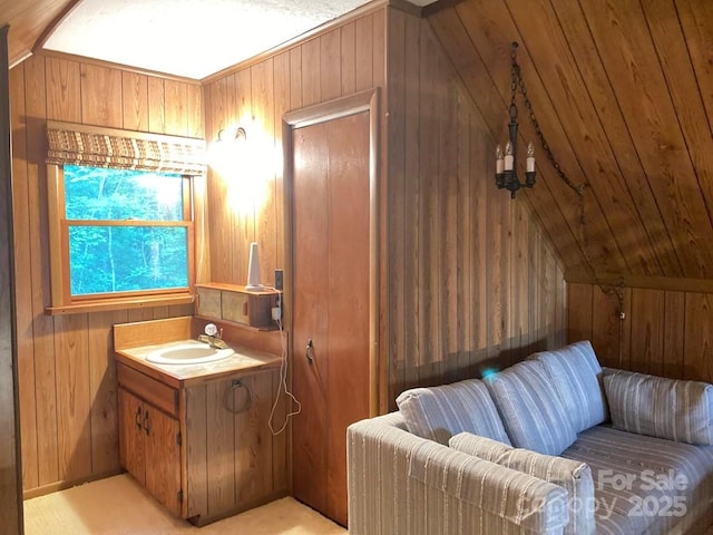 268 Poor Boy Ln, Whittier, NC 28789 - bathroom featuring wooden walls, vanity, and vaulted ceiling