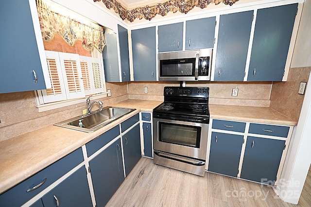 112 Lovelady Rd, Valdese, NC 28690 - kitchen with appliances with stainless steel finishes, blue cabinets, tasteful backsplash, light wood finished floors, and ornamental molding
