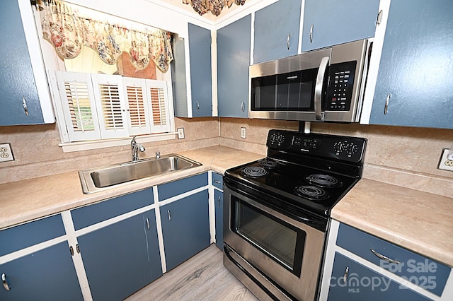 112 Lovelady Rd, Valdese, NC 28690 - kitchen with stainless steel appliances, blue cabinets, and light countertops