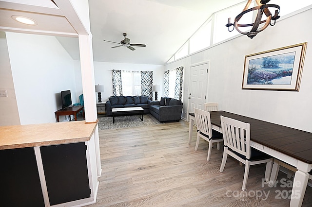 112 Lovelady Rd, Valdese, NC 28690 - living room featuring light wood-style floors, a ceiling fan, recessed lighting, a chandelier, and high vaulted ceiling