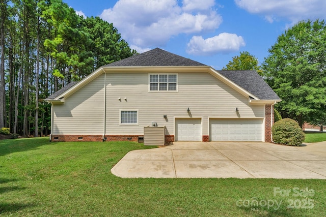 8606 Gresham Dr, Waxhaw, NC 28173 - view of home's exterior featuring crawl space, a yard, driveway, and roof with shingles