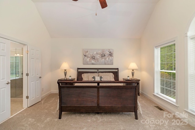 8606 Gresham Dr, Waxhaw, NC 28173 - bedroom with light colored carpet, high vaulted ceiling, and ceiling fan