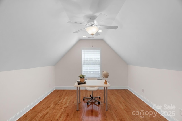 8606 Gresham Dr, Waxhaw, NC 28173 - office featuring ceiling fan, light wood-style flooring, and lofted ceiling