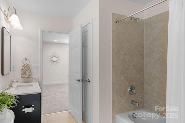 8606 Gresham Dr, Waxhaw, NC 28173 - bathroom with vanity, shower / bathtub combination with curtain, and tile patterned floors