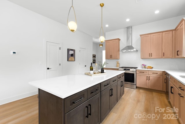 2417 Pruitt St, Charlotte, NC 28208 - kitchen with appliances with stainless steel finishes, wall chimney range hood, light wood-style floors, a center island, and light countertops