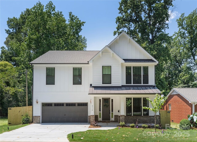 4114 Mantle Ct, Charlotte, NC 28205 - modern farmhouse with board and batten siding, concrete driveway, a garage, a standing seam roof, and brick siding