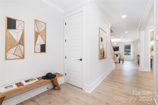 4114 Mantle Ct, Charlotte, NC 28205 - hall with light wood-style flooring, crown molding, and recessed lighting