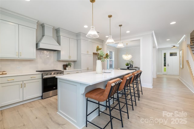 4114 Mantle Ct, Charlotte, NC 28205 - kitchen with stainless steel range with gas cooktop, premium range hood, light wood-type flooring, decorative backsplash, and crown molding