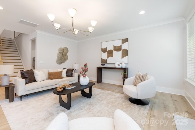 4114 Mantle Ct, Charlotte, NC 28205 - living area with wood finished floors, stairway, a chandelier, ornamental molding, and recessed lighting