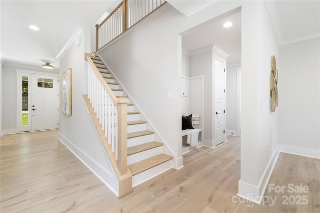 4114 Mantle Ct, Charlotte, NC 28205 - staircase with wood finished floors, crown molding, and recessed lighting