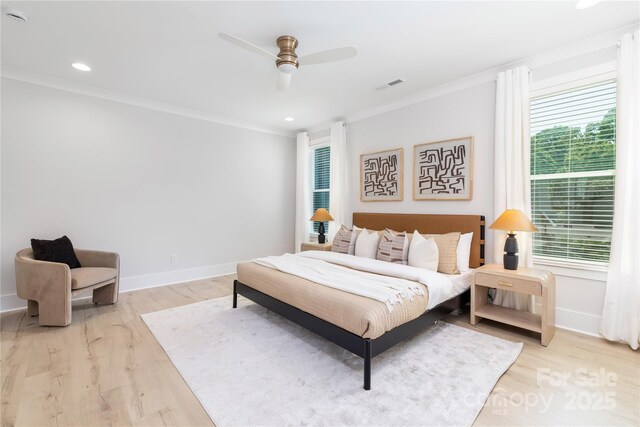 4114 Mantle Ct, Charlotte, NC 28205 - bedroom with ornamental molding, light wood-style flooring, ceiling fan, and recessed lighting