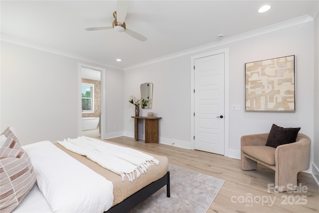4114 Mantle Ct, Charlotte, NC 28205 - bedroom with light wood-type flooring, crown molding, recessed lighting, ensuite bathroom, and ceiling fan