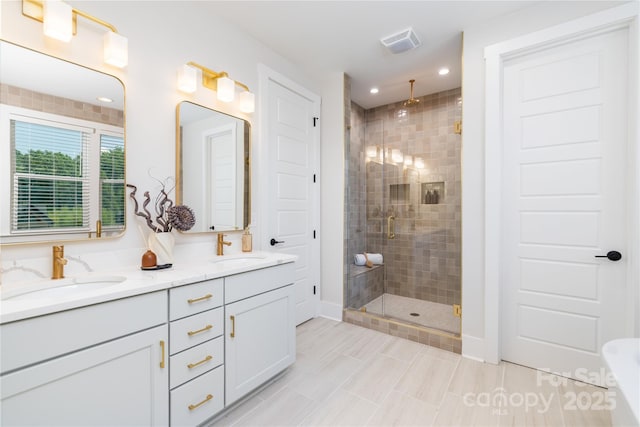 4114 Mantle Ct, Charlotte, NC 28205 - full bathroom with a stall shower, double vanity, and recessed lighting