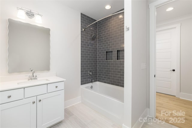 4114 Mantle Ct, Charlotte, NC 28205 - bathroom with vanity, shower / bathtub combination, recessed lighting, and wood finished floors