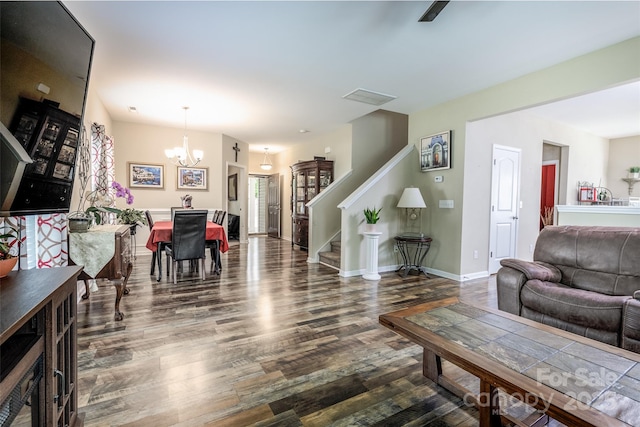 127 Tranquil Ct Unit 18A, Locust, NC 28097 - living area with dark wood-style flooring, a chandelier, and stairway