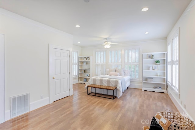 156 Union St N, Concord, NC 28025 - bedroom with light wood-type flooring, ornamental molding, recessed lighting, and a ceiling fan
