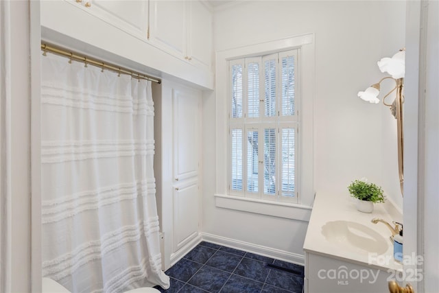 156 Union St N, Concord, NC 28025 - full bath featuring vanity, plenty of natural light, tile patterned flooring, and a shower with shower curtain