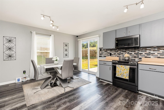 3542 Crowders View Dr, Gastonia, NC 28052 - kitchen featuring stainless steel appliances, gray cabinetry, track lighting, and light countertops