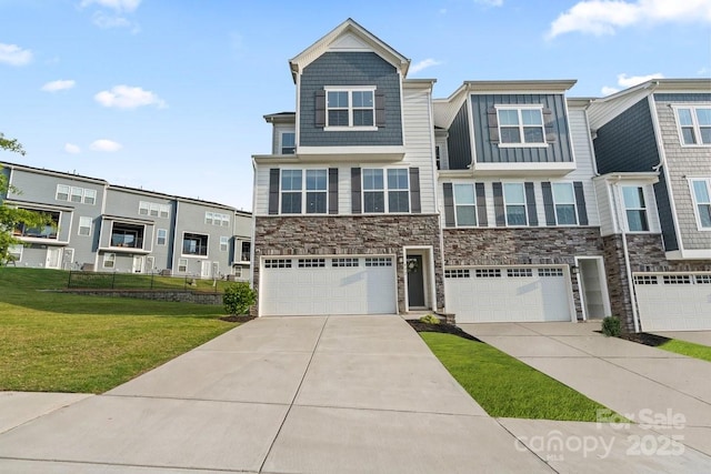 932 Portrush Ln, Tega Cay, SC 29708 - view of property with stone siding, a front lawn, driveway, an attached garage, and a residential view