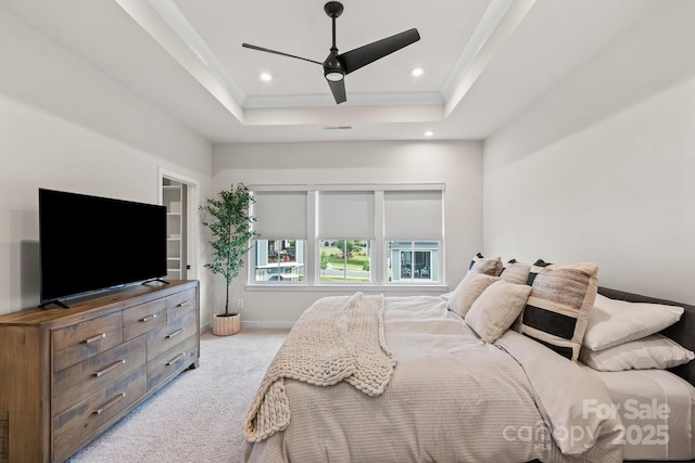 932 Portrush Ln, Tega Cay, SC 29708 - bedroom featuring a raised ceiling, carpet, recessed lighting, a ceiling fan, and ornamental molding