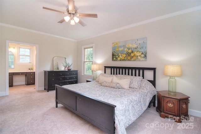 1482 Willow Oaks Trl, Matthews, NC 28104 - bedroom featuring ornamental molding, light colored carpet, multiple windows, a ceiling fan, and ensuite bathroom