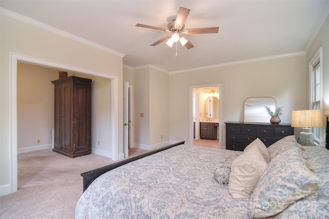 1482 Willow Oaks Trl, Matthews, NC 28104 - bedroom featuring crown molding, light carpet, ensuite bathroom, and a ceiling fan
