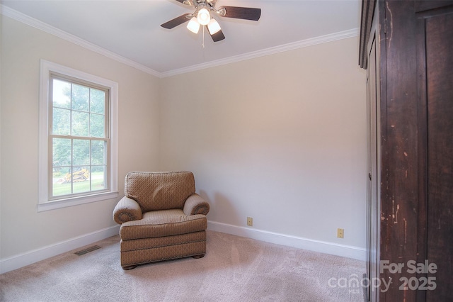 1482 Willow Oaks Trl, Matthews, NC 28104 - sitting room featuring ornamental molding, ceiling fan, and carpet floors