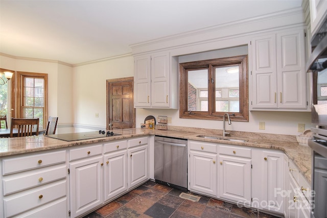 1482 Willow Oaks Trl, Matthews, NC 28104 - kitchen with stainless steel dishwasher, black electric stovetop, a peninsula, dark stone finish floors, and white cabinets