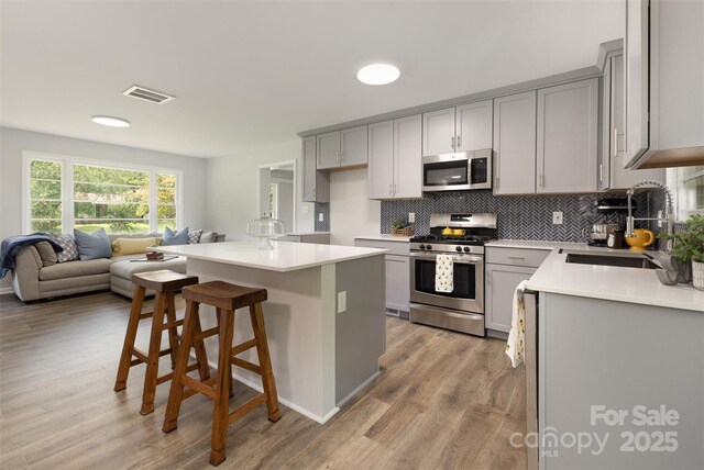 1948 Marett Blvd, Rock Hill, SC 29732 - kitchen with appliances with stainless steel finishes, gray cabinetry, backsplash, light countertops, and open floor plan