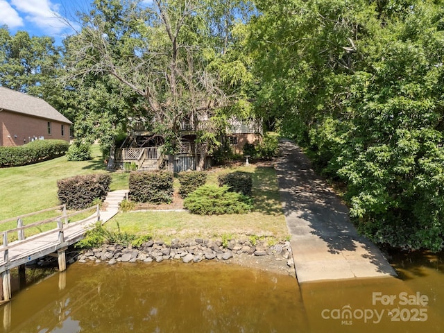 840 Deer Lake Run, Salisbury, NC 28146 - dock featuring a lawn, a water view, and stairs