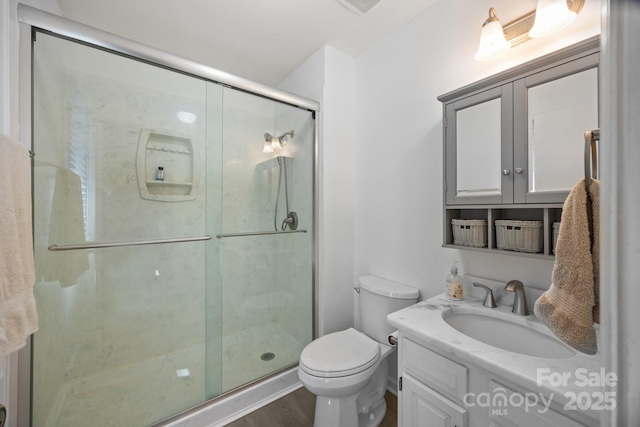 840 Deer Lake Run, Salisbury, NC 28146 - full bath featuring vanity, a shower stall, and wood finished floors